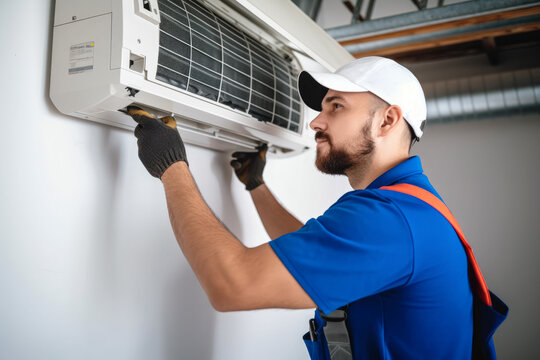 HVAC technician installing a mini split air conditioner in Boulder