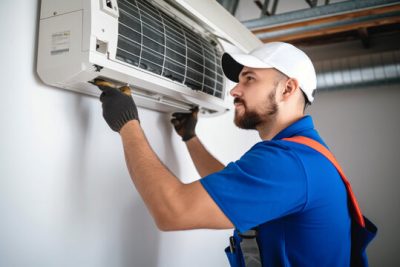 360_F_621046421_Vcay4nYa8ozdeodOQVDfES6MRrC6N3b8 Air conditioning technician servicing a wall-mounted AC unit in Boulder, CO
